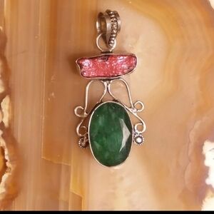 Elegant Silver Pendant With Genuine Green Oval-Shape Emerald And Pink Biwa Pearl